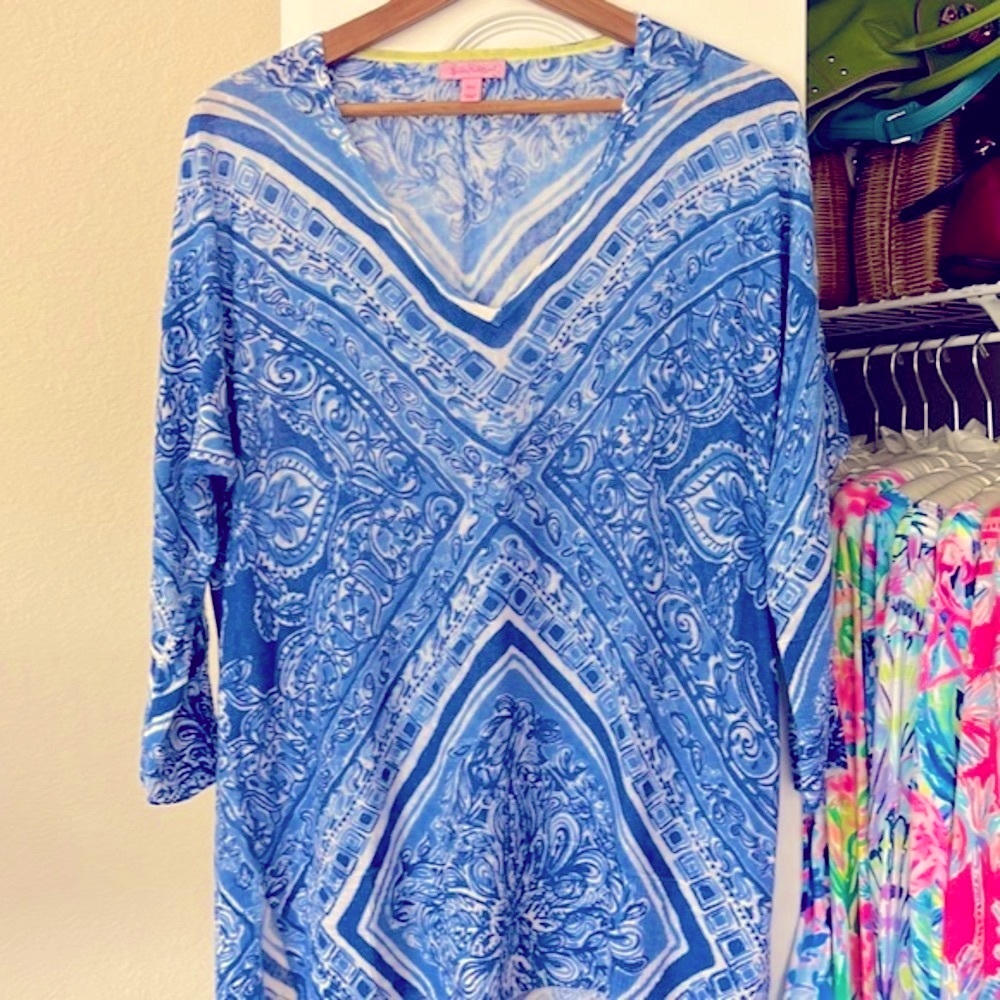 Lilly Pulitzer Jameson Sweater Blue Crush Open Water Linen Top